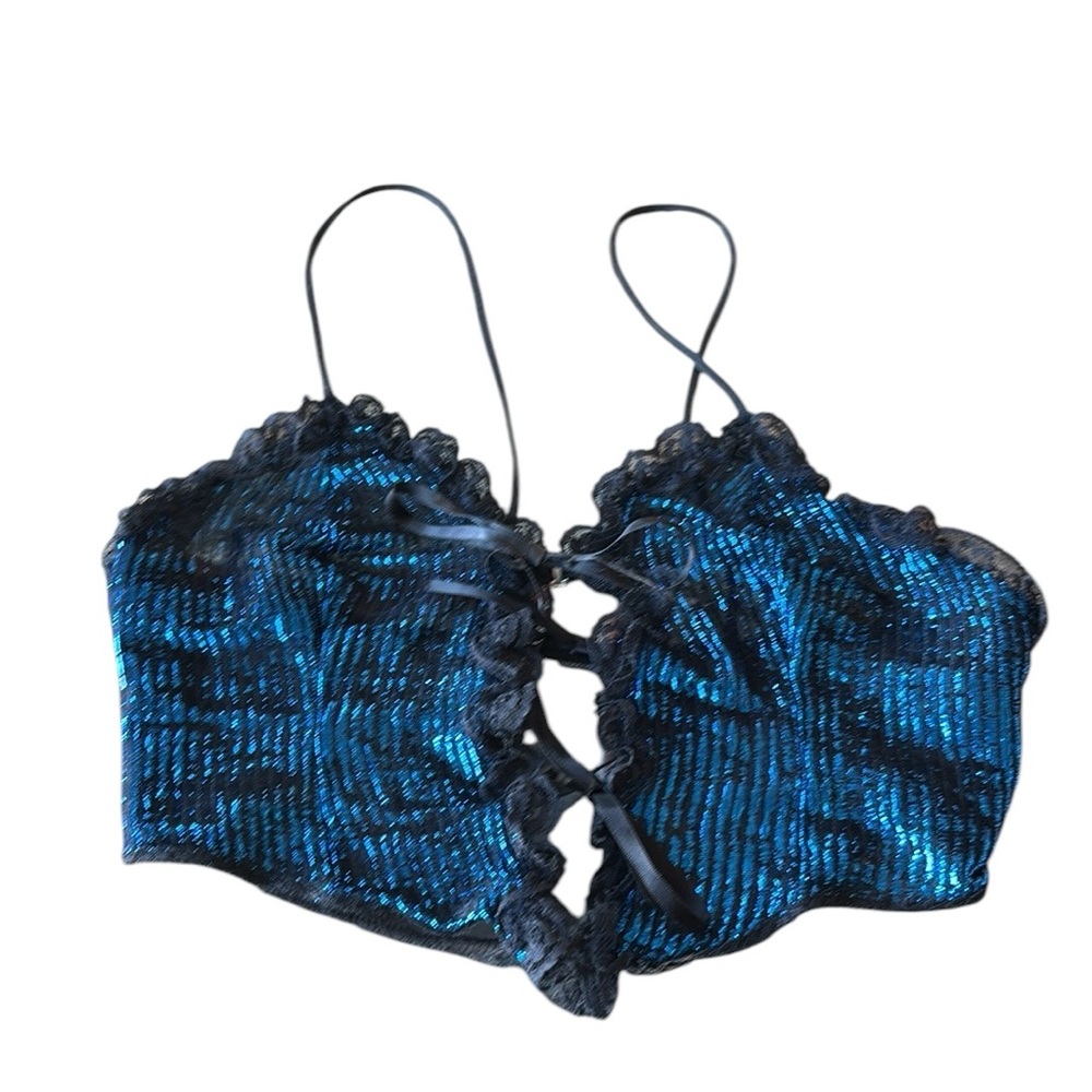 Juliana Vintage Blue Metallic Lace Bralette cami tie front medium